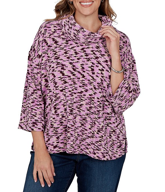 Ruby Rd. Plus Size Chenille Knit Space Dye Draped 3/4 Sleeve Sweater