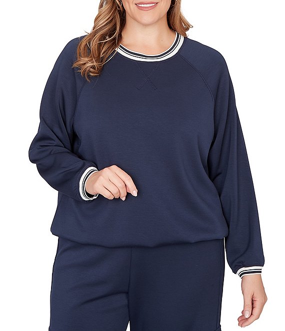 Ruby Rd. Plus Size Contrast Stripe Crew Neck Long Raglan Sleeve Cinched Bubble Hem Knit Top, Navy - Image 1