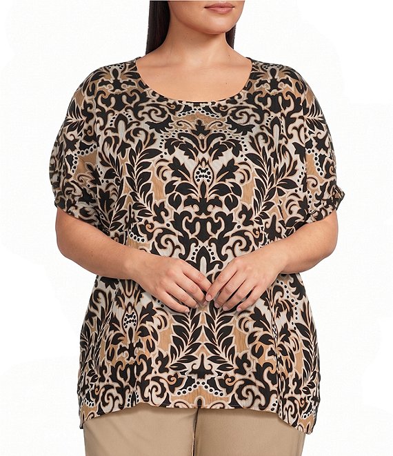Ruby Rd. Plus Size Coordinating Textured Woven Modern Damask Scoop Neck Short Sleeve Top
