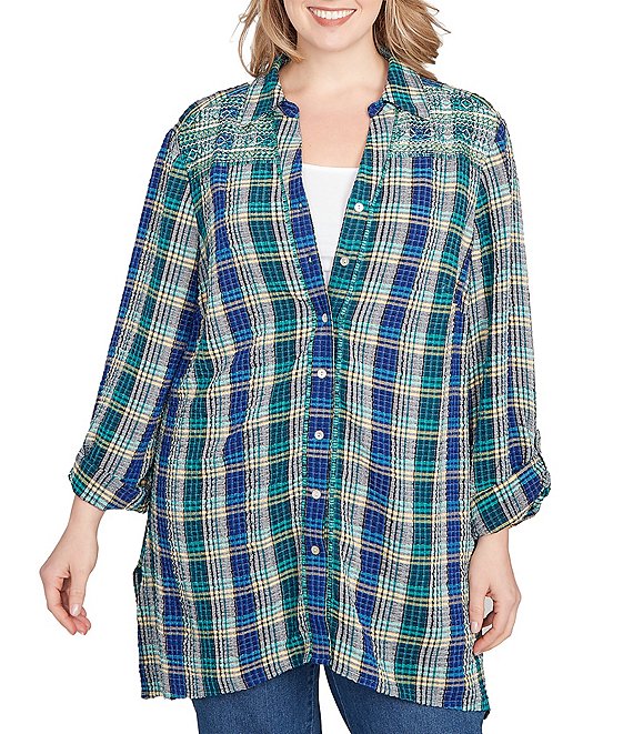 Ruby Rd. Plus Size Crinkle Woven Plaid Collared V-Neck Long Roll-Tab Sleeve Button-Front Shirt, Teal Multi - Image 1
