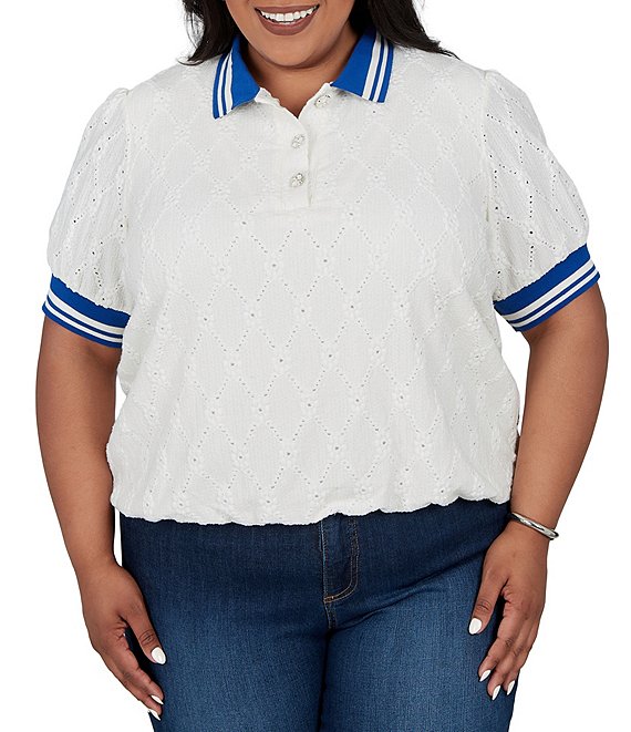 Ruby Rd. Plus Size Diamond Eyelet Textured Polo Collar Elbow Length Contrast Trim Top