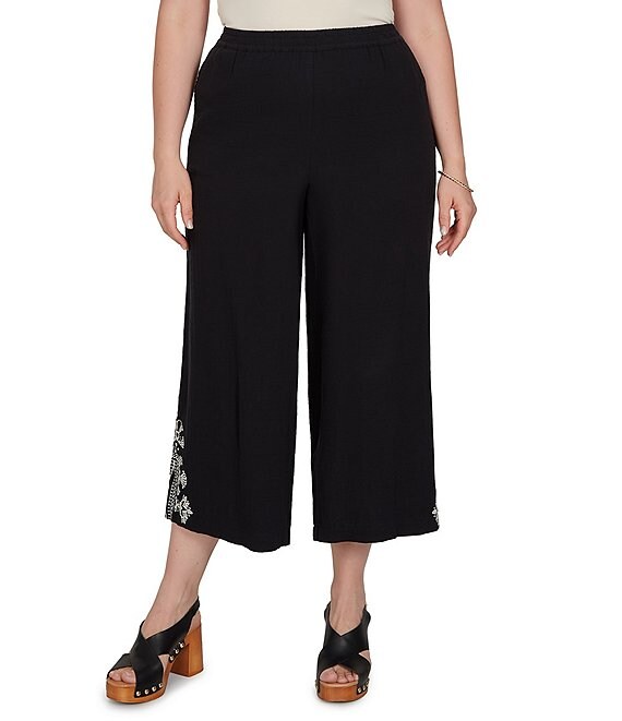 Ruby Rd. Plus Size Double Cotton Gauze Intricate Embroidered Pull-On Ankle Pants