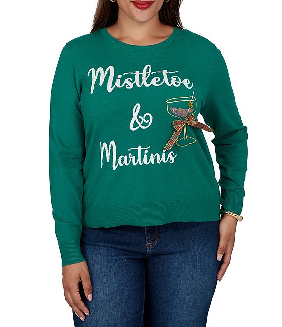 Ruby Rd. Plus Size Embroidered Mistletoe & Martinis Crew Neck Long Sleeve Sweater