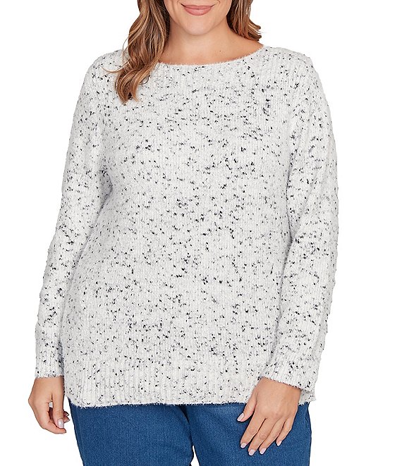 Ruby Rd. Plus Size Eyelash Yarn Speckled Crew Neck Long Sleeve Sweater, Ivory/Black - Image 1