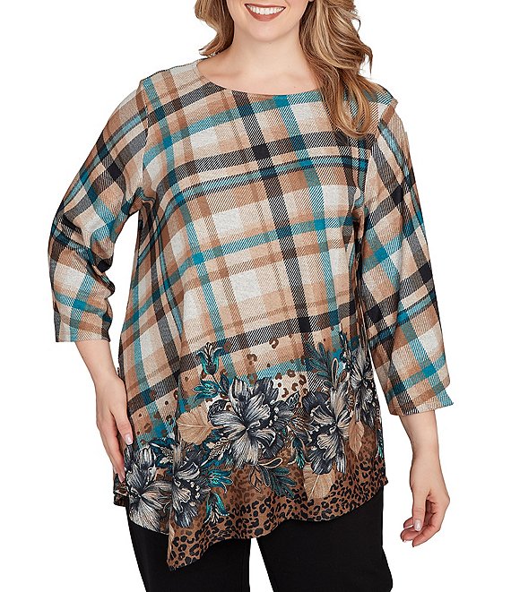 Ruby Rd. Plus Size Knit Plaid Floral Leopard Print Boat Neck 3/4 Sleeve Top, Tan Heather Multi - Image 1