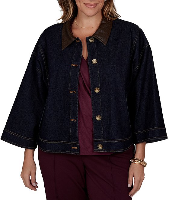 Ruby Rd. Plus Size Light Weight Denim Faux Leather Collar 3/4 Sleeve Button Front Caplet Jacket