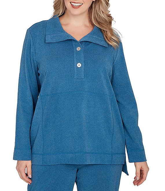 Ruby Rd. Plus Size Luxe Ribbed Knit Mock Neck Long Sleeve Top, Lake Blue - Image 1