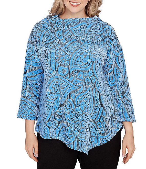 Ruby Rd. Plus Size Paisley Jacquard Split Cowl Neck 3/4 Sleeve Asymmetric Hem Top, Bluebell/Black - Image 1