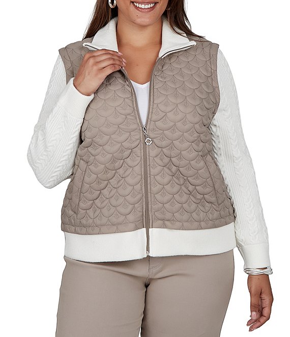Ruby Rd. Plus Size Quilted Cable Knit Spread Collar Long Sleeve Zip Front Jacket
