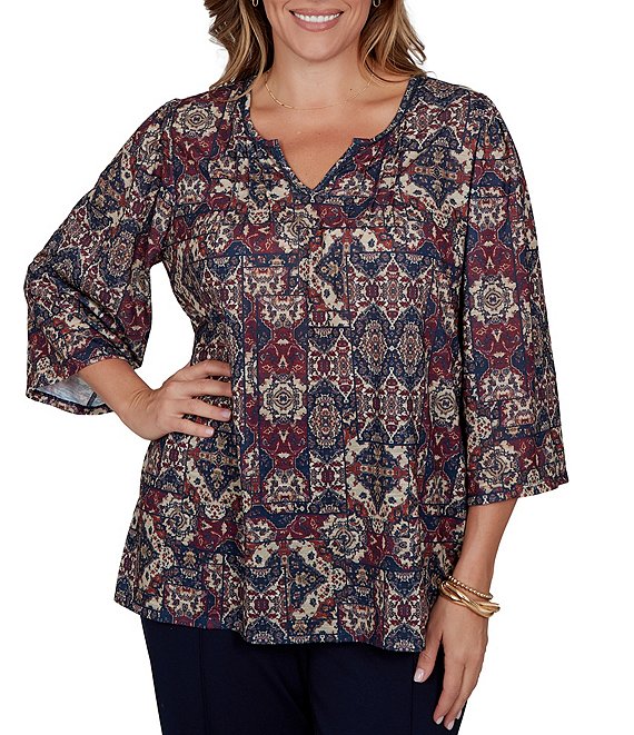 Ruby Rd. Plus Size Slub Knit Patchwork Split V-Neck 3/4 Sleeve Top