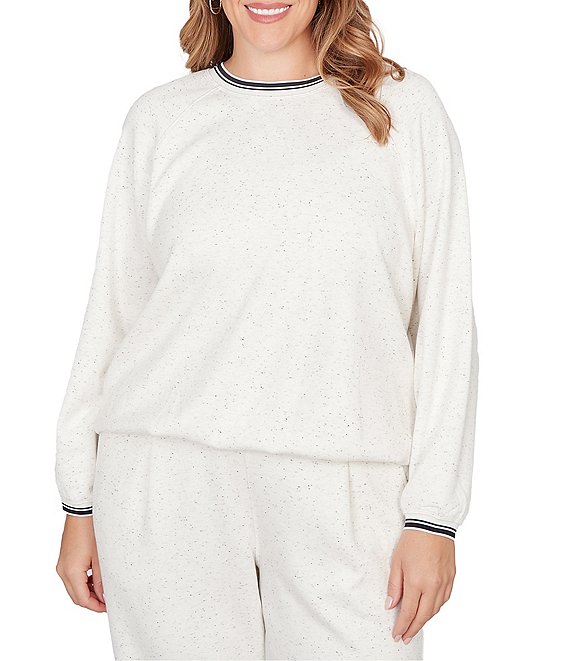 Ruby Rd. Plus Size Soft Speckled Knit Stripe Trim Top, Ivory Multi - Image 1