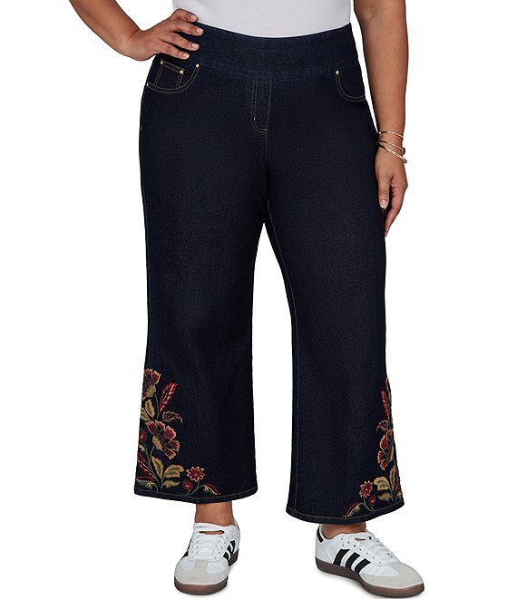 Ruby Rd. Plus Size Stretch Denim Embroidered Hem Pull-On Pants
