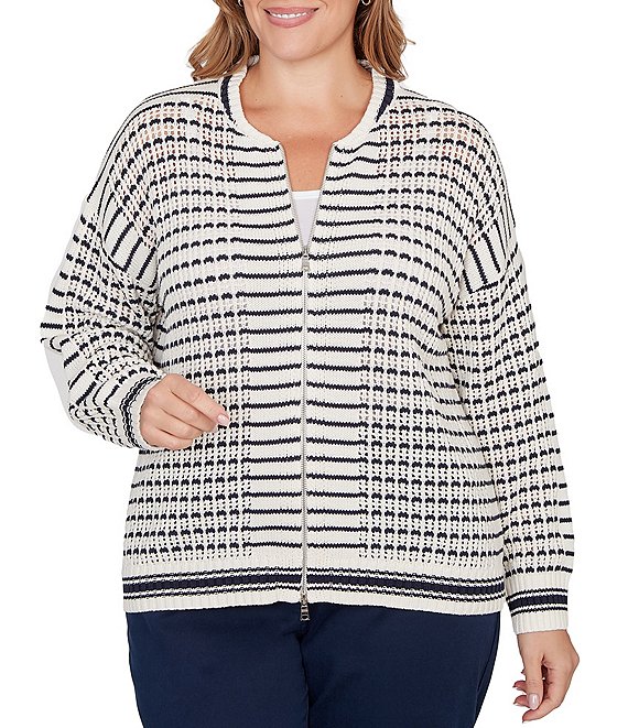 Ruby Rd. Plus Size Striped Ribbed Long Sleeve Mesh Zip-Up Sweater, Ivory - Image 1