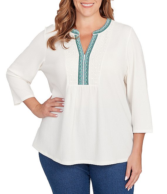 Ruby Rd. Plus Size Textured Slub Knit Split Round V-Neck 3/4 Sleeve Embellished Top, Ivory - Image 1