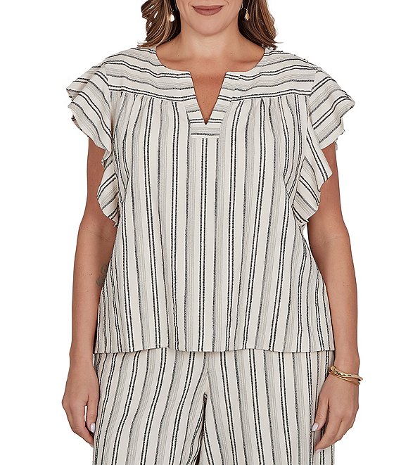 Ruby Rd. Plus Size Textured Stripe Split V-Neck Short Flutter Sleeve Coordinating Top