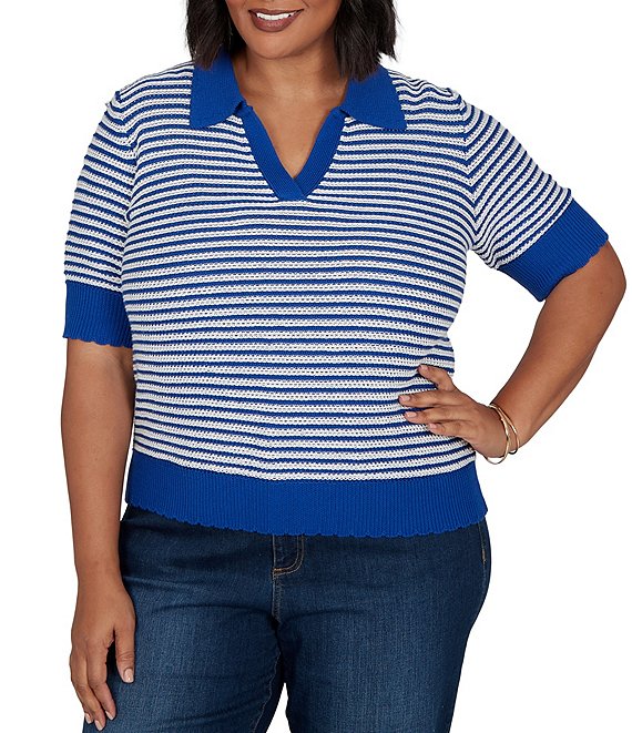 Ruby Rd. Plus Size Two-Tone Collared V-Neck Elbow Length Sleeve Pullover Sweater