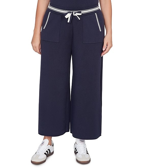 Ruby Rd. Plus Size Wide Leg Contrast Striped Trim Pull-On Sweater Pants, Navy - Image 1