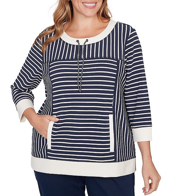 Ruby Rd. Plus Size Yarn-Dyed Stripe Scoop Neck 3/4 Sleeve Top, Navy/Multi - Image 1