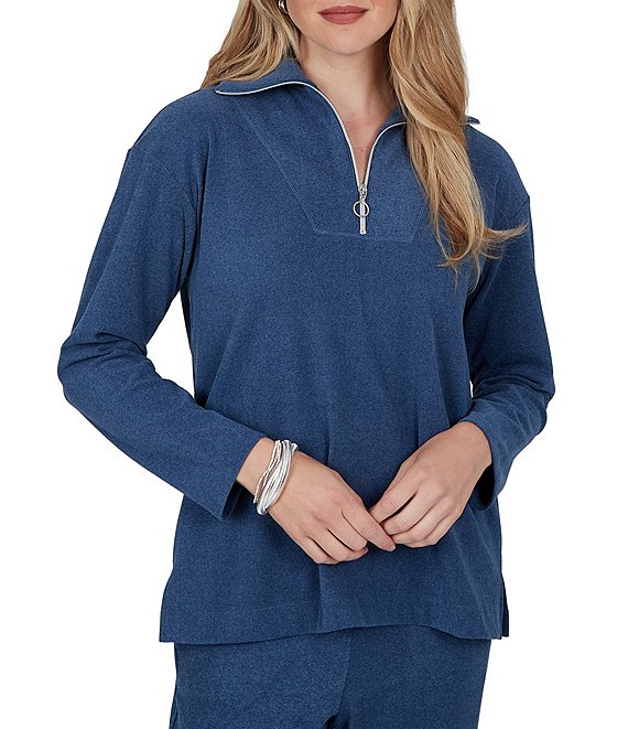 Ruby Rd. Ribbed Knit Portrait Collar Long Sleeve Quarter Zip Pullover