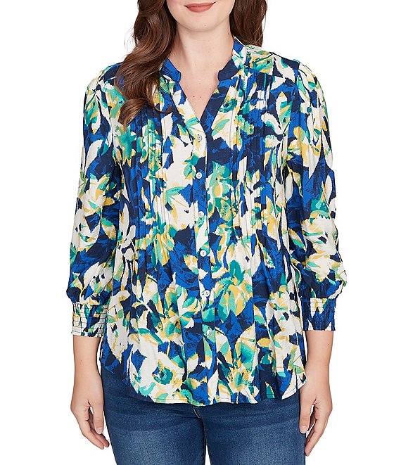 Ruby Rd. Silky Voile Floral Band V-Neck 3/4 Sleeve Button-Front Blouse, Jewel Multi - Image 1