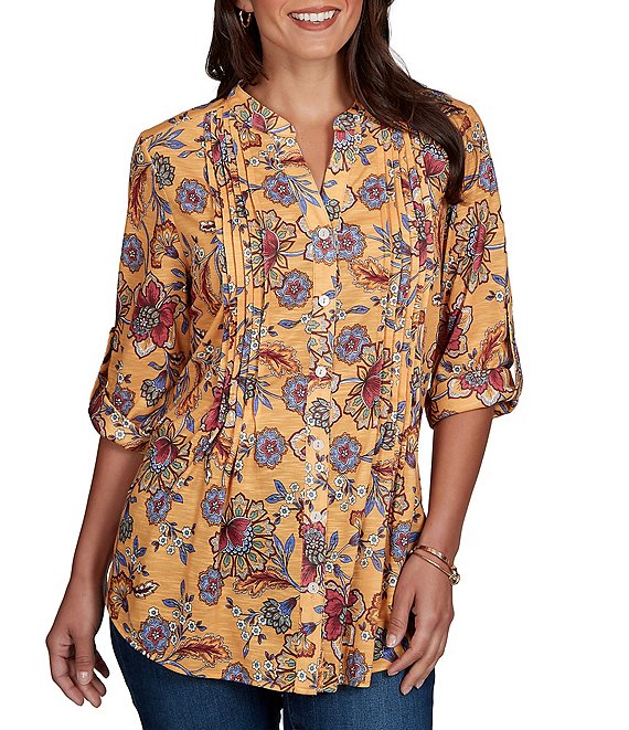 Ruby Rd. Slub Jersey Floral Vines Split V-Neck Elbow Roll-Tab Sleeve Button-Front Shirt