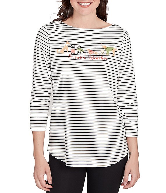 Ruby Rd. Soft Cotton Blend Stripe #double;Pups Season Vibes#double; 3/4 Sleeve Top, Black Multi - Image 1