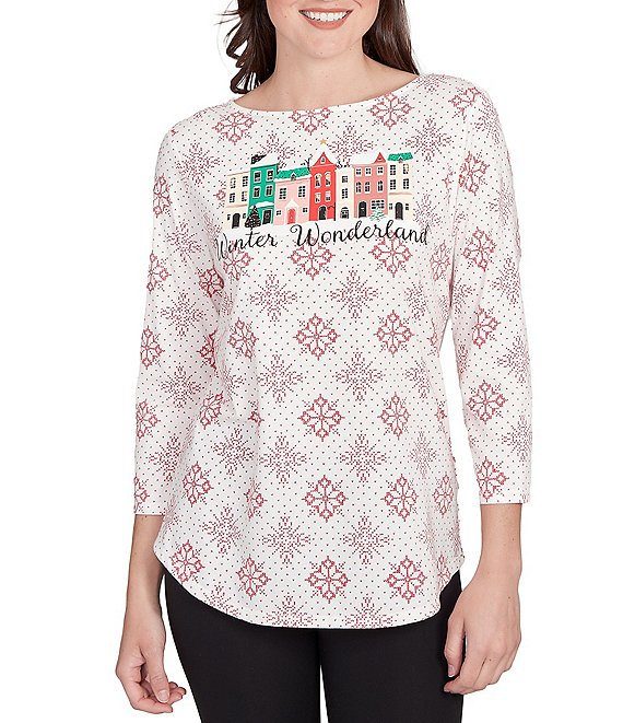 Ruby Rd. Soft Cotton Blend Winter Wonderland Snowflake Print Top, Lipstick Multi - Image 1
