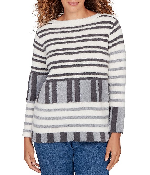 Ruby Rd. Soft Eyelash Knit Stripe Boat Neck Long Sleeve Sweater, Ivory/Multi - Image 1