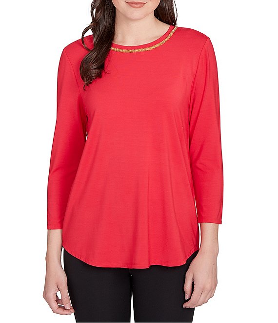 Ruby Rd. Soft Jersey Knit Embellished Scoop Neck 3/4 Sleeve Top, Cherry - Image 1