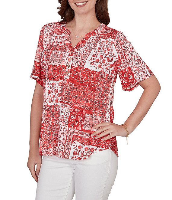 Ruby Rd. Soft Knit Patchwork Print Split V-Neck Short Sleeve Tee Top