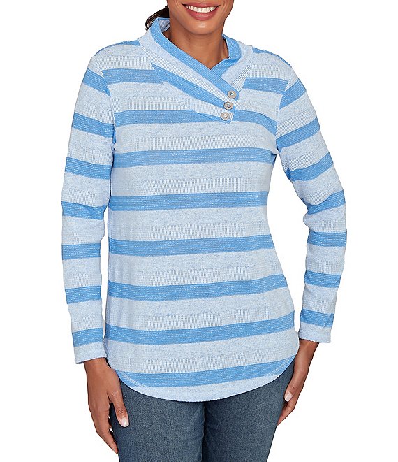 Ruby Rd. Sparkling Metallic Stripe Knit Shawl Neck Long Sleeve Top, Bluebell Multi - Image 1