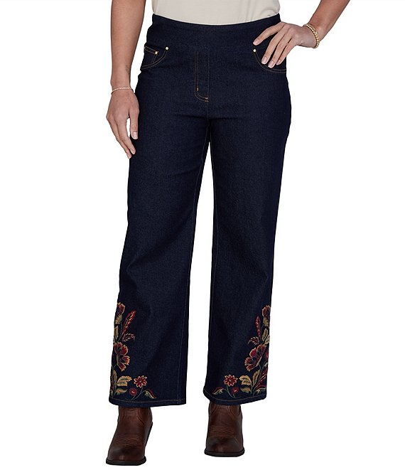 Ruby Rd. Stretch Denim Embroidered Hem Pull-On Pants