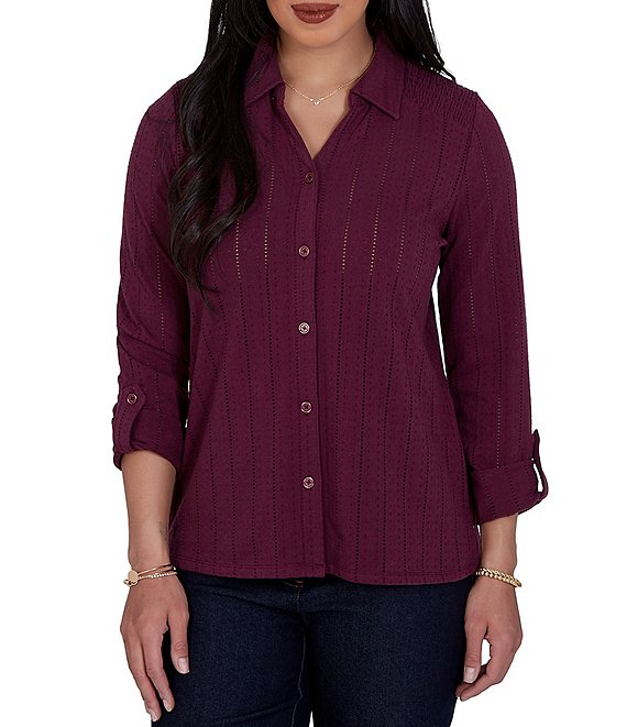 Ruby Rd. Textured Dobby Vertical Stripe Point Collar Long Roll-Tab Sleeve Button-Front Shirt