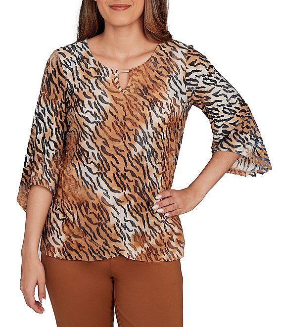 Ruby Rd. Tie-Dye Zebra Keyhole Neck 3/4 Bell Sleeve Crossover Hem Jacquard Knit Top, Tan Multi - Image 1