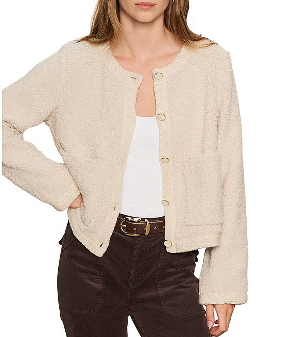 Sanctuary Cuddle Up Cozy Fleece Crew Neck Patch Pocket Button Front Cardigan, Light Oat - Image 1