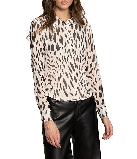 Sanctuary Fitted Mesh Animal Print Spread Collar Long Sleeve Button Down Top, Mother Leo - Image 1