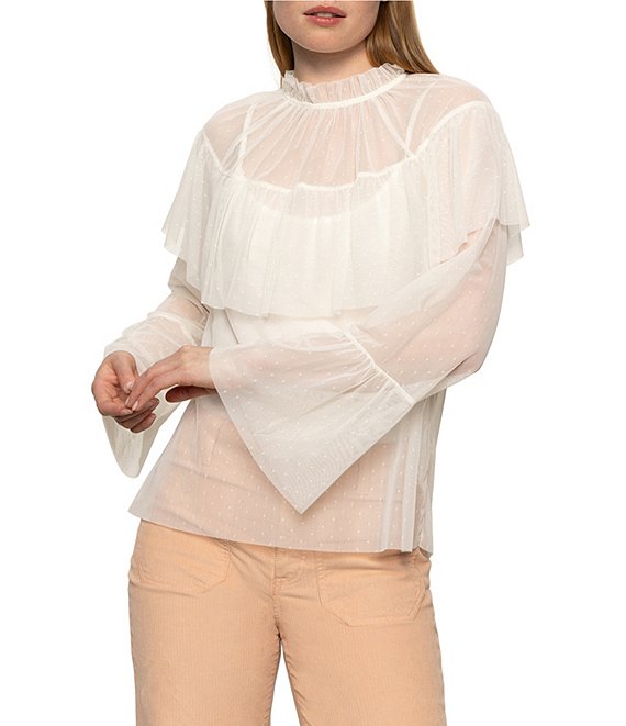 Sanctuary The Ethereal Dotted Mesh Ruffle Mock Neck Bell Sleeve Blouse, Chalk - Image 1