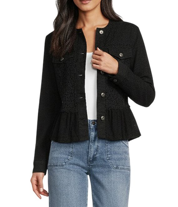 Scully Denim Lace Voile Point Collar Long Sleeve Button Front Jacket, Black - Image 1