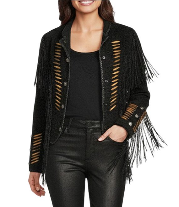Scully Suede Fringe Round Neck Long Sleeve Jacket, Black - Image 1