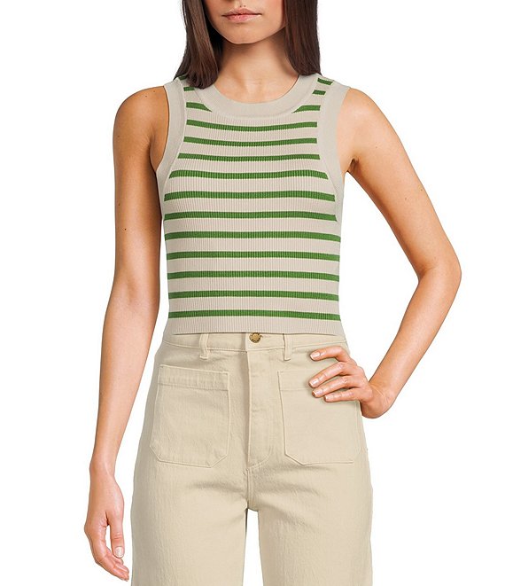Signature 8 Crew Neck Sleeveless Stripe Rib Tank Top, Green - Image 1