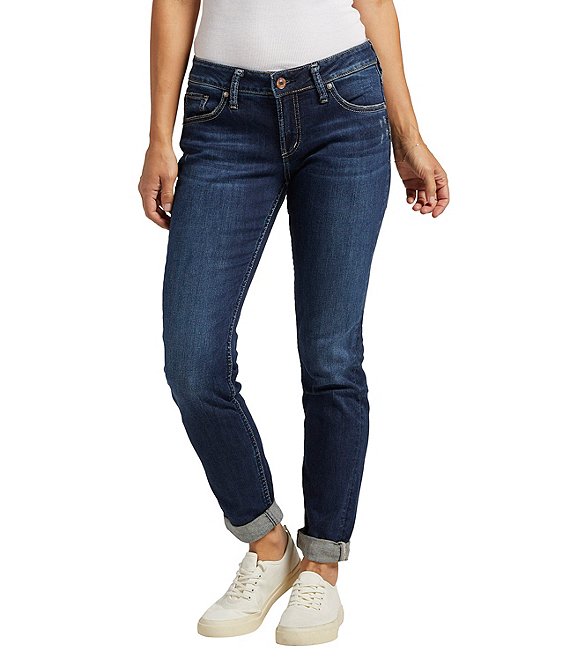 Color:Indigo - Image 1 - Boyfriend Rolled Cuff Dark Wash Jeans