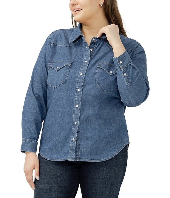 Silver Jeans Co. Plus Size Point Collar Long Sleeve Snap Front Button Denim Shirt, Canary - Image 1