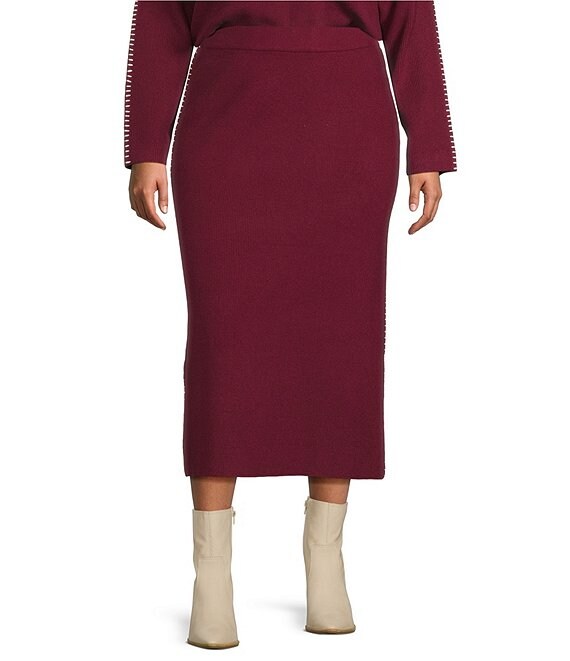 Skies Are Blue Plus Contrast Blanket Stitch Knit Midi Coordinating Skirt, Burgundy-Ivory - Image 1
