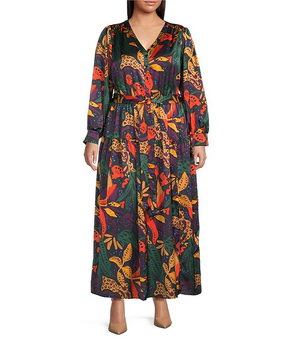 Skies Are Blue Plus Size Abstract Print Long Sleeve Poplin Maxi Dress, Black Multi - Image 1