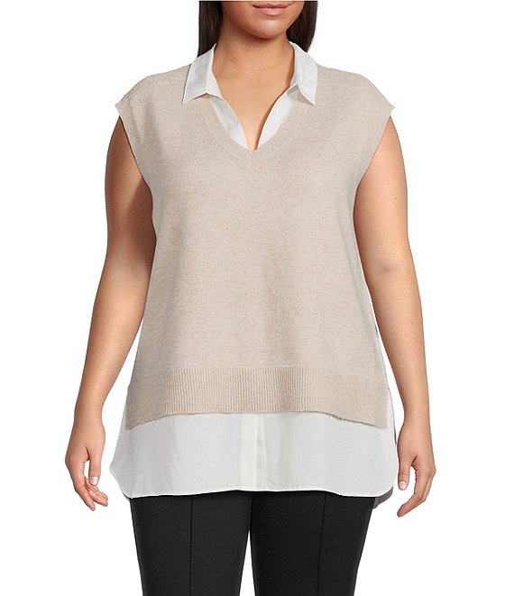 Skies Are Blue Plus Size Mixed Media Two-Fer Vest, Beige/Cream - Image 1