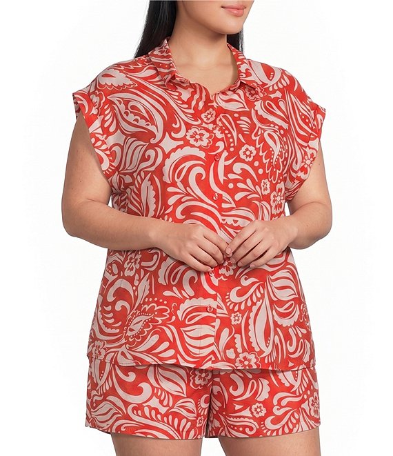 Skies Are Blue Plus Size Printed Collared V-Neck Cap Sleeve Coordinating Button Front Top