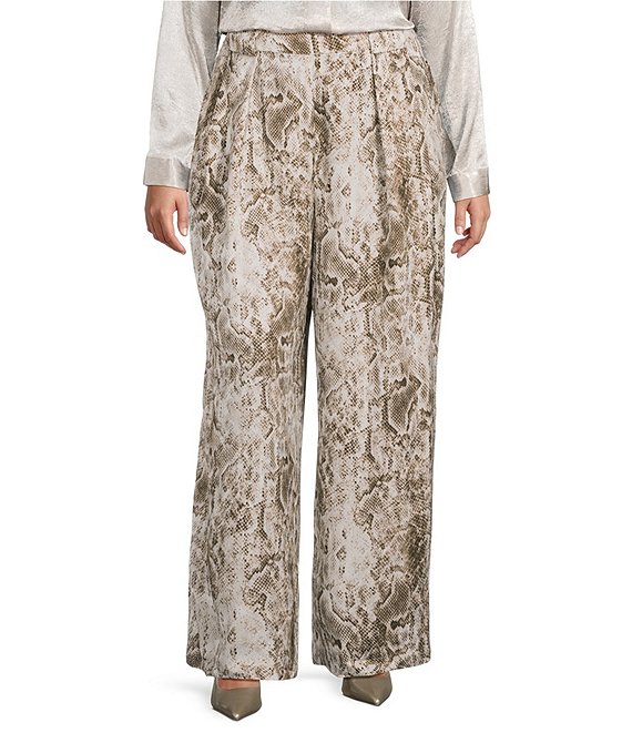 Skies Are Blue Plus Size Snake Print High Rise Wide Leg Pants, Brown Python - Image 1