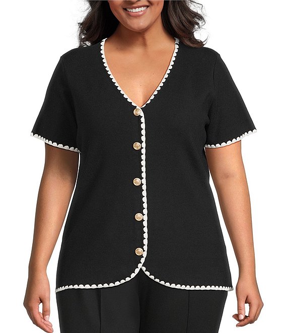 Skies Are Blue Plus Size Whip Stitched Scalloped Edge Short Sleeve Sweater Knit Top, Black/Cream - Image 1