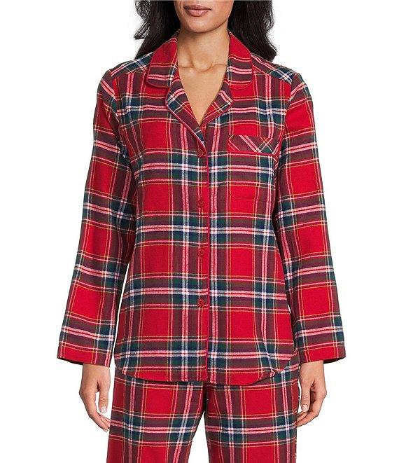 Sleep Sense Flannel Plaid Long Sleeve Notch Collar Coordinating Button Front Holiday Sleep Top, Red Plaid - Image 1
