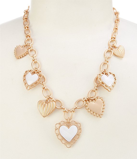 Southern Living White Shell Multi Heart Charm Drop Frontal Collar Necklace